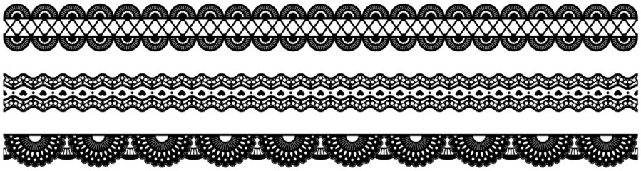 Set of wide lace ribbons with print. Black design elements isolated on white background. Seamless pattern for creating style of card with ornaments. Lace decoration template, ribbons for design