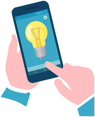 Wall Mural - smartphone with light bulb on screen. person holding modern device with application for idea creatio