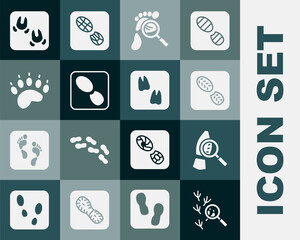 Wall Mural - Set Bird footprint, Magnifying glass with footsteps, Human footprints shoes, Bear paw, Wild boar and Camel icon. Vector