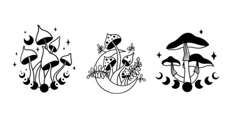 Wall Mural - mystical space mushroom and moon isolated clip art bundle, hand drawn line celestial mushrooms, moon
