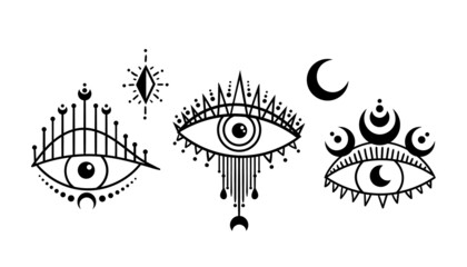 Canvas Print - Mystical evil eye and moon phases isolated clip art set, celestial the third eye, magical hand drawn eye of providensce, silhouette esoteric symbols, black and white vector