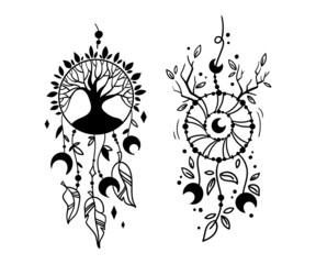 Wall Mural - hand drawn mystical dreamcatcher isolated clip arts on white, black and white line boho dream catche