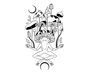 Wall Mural - mystical meditating frog and magic mushrooms isolated clip art, hand drawn mysterious composition wi