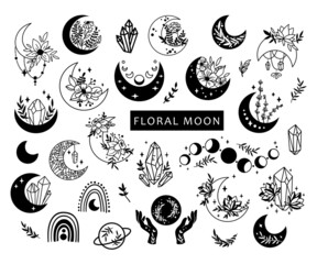 Poster - Mystical boho floral moon isolated cliparts bundle, celestial collection, moon and flowers set, magic line crescent moon, crystals bundle, esoteric objects - black and white vector