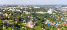 Panoramic Aerial View Of Smolensk, Georgievskaya Church And Uspensky Cathedral On Sunny Summer Day. Russia..