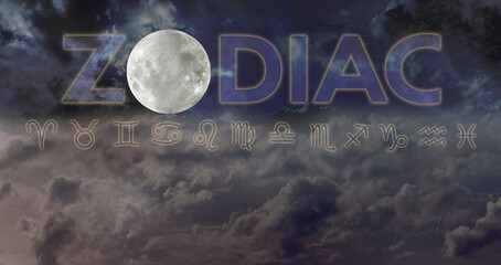 Wall Mural - twelve celestial signs of the zodiac and moon night sky - dark blue night sky background with 12 ast