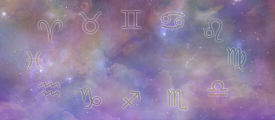 Wall Mural - heavens and twelve zodiac symbols frame border - beautiful pink blue heavenly sky background with 12