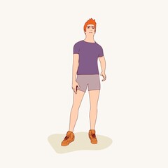 Standing man. Sport boy illustration. Casual sportwear - t-shirt, breeches and sneakers. Young man wearing workout clothes. Sport fashion boy outline in urban casual style.