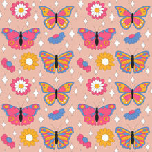 Seamless Pattern With Retro Daisies, Butterflies And Sparkles. Summer Simple Minimalist Flowers. 70 S Style Plants. Yellow Spring Daisy. Colorful Background. Vector Illustration
