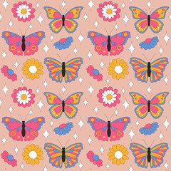 Seamless pattern with retro daisies, butterflies and sparkles. Summer simple minimalist flowers. 70 s style plants. Yellow spring daisy. Colorful background. Vector illustration