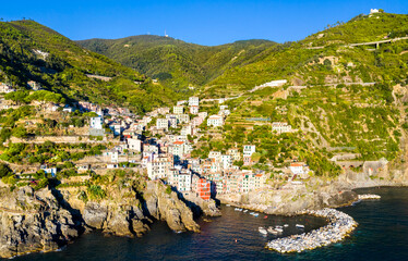 Poster - Aerial view of Riomaggiore village at the Cinque Terre, UNESCO world heritage in Liguria, Italy