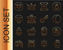 Set Line Hamsa Hand, Comet Falling Down Fast, Moon, Ancient Magic Scroll, Bottle With Potion, Skull, Earth Element And Old Key Icon. Vector