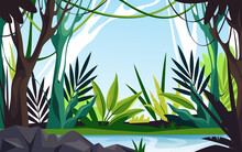Jungle Landscape Or Rainforest Scape Vector Banner