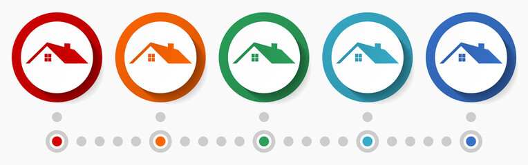 Fototapete - House, home, real estate concept vector icon set, infographic template, flat design circle colorful web buttons in 5 color options