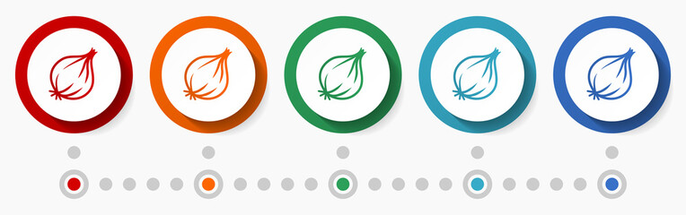 Leinwandbilder - Onion, vegetable concept vector icon set, infographic template, flat design circle colorful web buttons in 5 color options