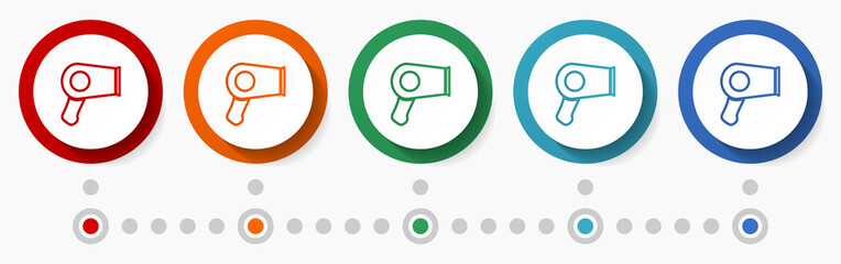 Poster - Hair dryer concept vector icon set, infographic template, flat design circle colorful web buttons in 5 color options