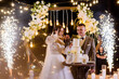 Front view of cheerful newlyweds in stylish festival outfits, cutting piece of cake and standing on background of amazing wooden arch, which decorated by fresh flowers