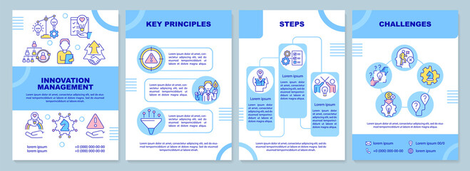 Innovation management process blue brochure template. Key principles. Leaflet design with linear icons. 4 vector layouts for presentation, annual reports. Arial-Black, Myriad Pro-Regular fonts used