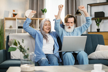 Wall Mural - Elderly couple seated on couch looking at laptop screen scream with joy feels excited happy celebrating lottery victory, lucky moment, got online opportunity, sales and discounts e-commerce concept