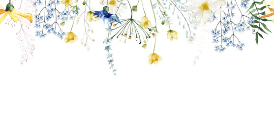 Watercolor painted floral seamless border on white background. Green and yellow wild flowers, branches, leaves and twigs