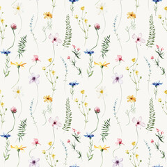 Wall Mural - Watercolor floral seamless pattern. Yellow chamomiles, blue cornflowers, violet, pink wild flowers on beige background.