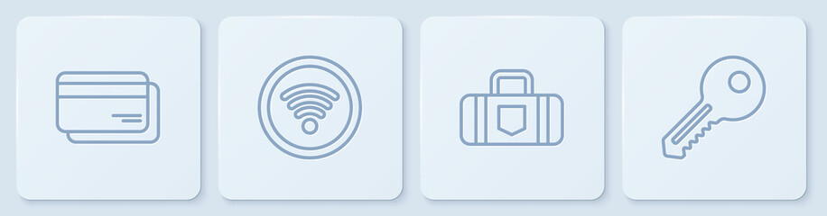 Set line Credit card, Suitcase, Wi-Fi wireless internet network and Key. White square button. Vector