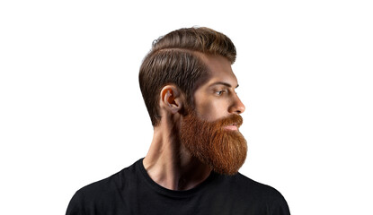 Wall Mural - Young bearded man standing against black background. Side view portrait of thinking stylish young man looking away. Isolated on White. Perfect beard.