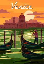Venice Italia Poster Retro Style. Sunset Grand Canal, Gondolier, Architecture, Vintage Card. Vector Illustration Postcard