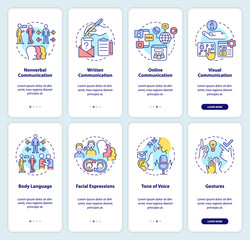 Wall Mural - verbal and non verbal communication onboarding mobile app screen set. walkthrough 4 steps graphic in