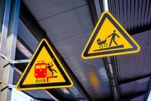 Warning Sign For The End Of The Station Platform And Slanting Floor For Buggies In Germany