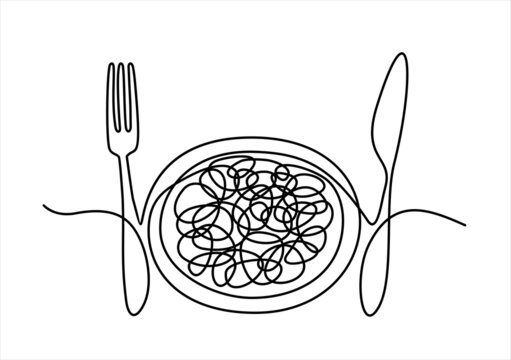 Single continuous line drawing of delicious spaghetti with fork and knife. Italy pasta noodle restaurant concept hand draw line art design vector illustration for cafe, shop or food delivery service