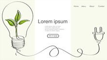 Plant Inside Lightbulb With Power Plug In One Line Drawing. Creative Concept Of Eco Energy And Environmental Friendly Sources. Web Banner. Vector Illustration