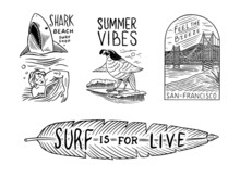 Surf Badge. Retro Wave And Palm. Summer California Pins Set. Man On The Surfboard, Beach And Sea. Engraved Emblem Or Logo Hand Drawn. Vintage Banner Or Poster. Sports In Hawaii.