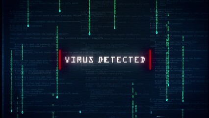 Virus detected warning alert over binary computer code, computer infected with a virus glitch and noise background effect