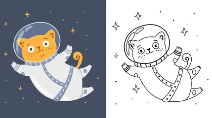 Wall Mural - Vector children's coloring book. Cute cat astronaut flies in space. Children's coloring book. Black and white and colored picture 
