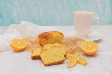 Lemon bread, cake with citrus,  whole loaf.  White background,  copy space.