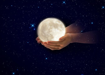 Wall Mural - hands hold moon on front of starry sky night cosmic univerce keep the peace concep