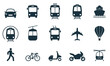 Vehicle, Air, Railway, Bike, Motorcycle Transport Silhouette Icon Set. Car, Bus, Tram, Train, Metro, Plane and Ship Glyph Symbol. Public Transport Stop Station Sign. Isolated Vector Illustration