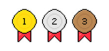 8 Bit Pixel Art Gold, Silver, Bronze Medal With Red Ribbon. 1st, 2nd And 3rd Places. Vector Illustration