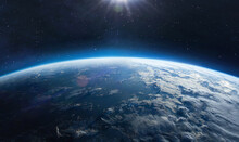 Earth Surface View From Orbit In Space. Blue Planet. Clouds And Sky On Horizon. Elements Of This Image Furnished By NASA
