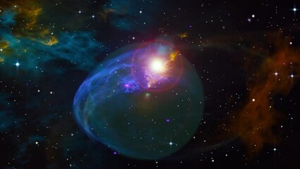 Wall Mural - Space flight slowly moving through universe among planets galaxies stars and nebulae