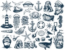 Nautical Ocean Lighthouse And Walrus, Sea Marine Anchor And Captain Cap, Sealife With Shellfish, Kraken, Ship And Helm