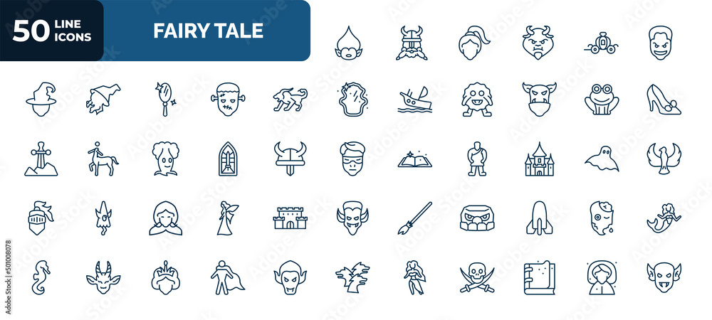set of 50 fairy tale web icons in outline style. thin line icons such ...