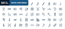 Set Of 50 Music And Media Web Icons In Outline Style. Thin Line Icons Such As Oboe, Quarter Note, Low Volume Speaker, Breath Mark, Amplifier, Hand Mic, Trombone, Harmonica, Album, Bass Clef, Keytar