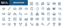 Set Of 50 Education Web Icons In Outline Style. Thin Line Icons Such As Papyrus, Ebook, Graduate, Books, Robin Hood, Eugene Onegin, Periodic Table, Robinson Crusoe, Law, Romeo And Juliet, Frog