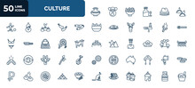 Set Of 50 Culture Web Icons In Outline Style. Thin Line Icons Such As Native American Pot, Dumplings, Chorizo, Coffee Grains, Native American Drum, Meat Pie, Native American Totem, Australian