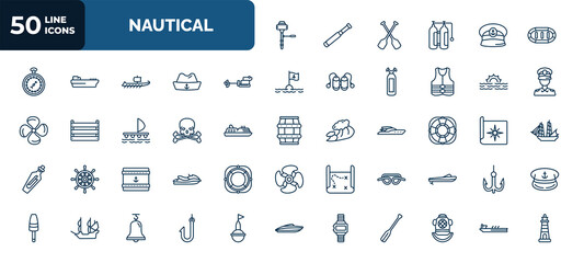 Wall Mural - set of 50 nautical web icons in outline style. thin line icons such as boat engine, rubber raft, ship engine, sea, skull and bones, life preserver, sea package, knot, water resist watch, fishing