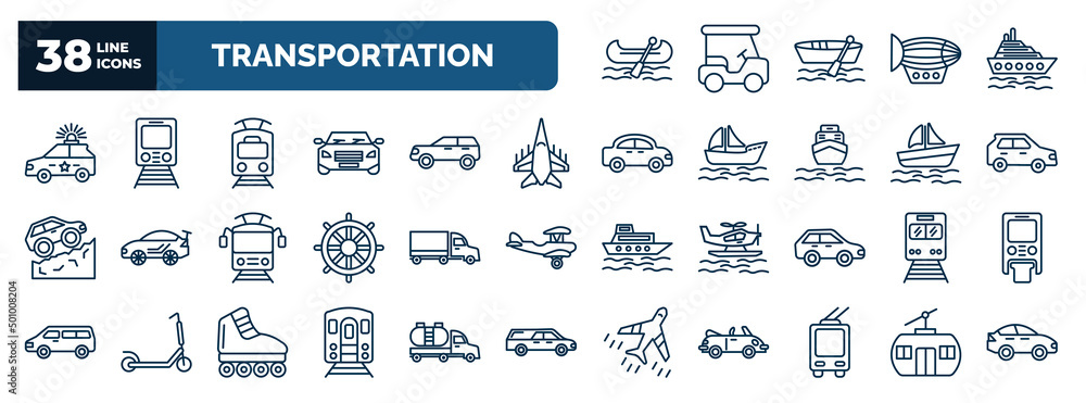 set of transportation web icons in outline style. thin line icons such ...