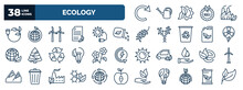 Set Of Ecology Web Icons In Outline Style. Thin Line Icons Such As Reload, Eco Plug, Wind Mill, Seeds, Nuclear Energy, Two Flowers, Eco E, Eco Cell, Sustainability, Fuel Vector.