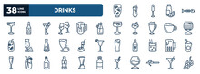 Set Of Drinks Web Icons In Outline Style. Thin Line Icons Such As Lemon Juice, Manhattan, 007 Martini, Smoothie, Brandy Glass, Tomato Juice, Brewery, Water Jug, Drip, Martini Vector.